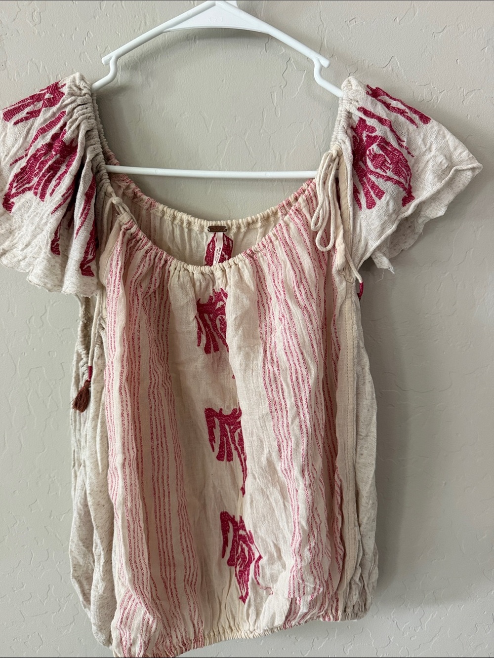 Free People Cream Blouson Top with Pink Embroidery